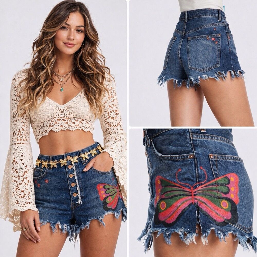 Free People Fields of Sun Butterfly Denim Shorts 31 High Rise Festival Boho Y2K